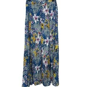Umgee Boho Patchwork Floral Maxi Skirt L Blue Artsy Hippie Cottage Front Slit